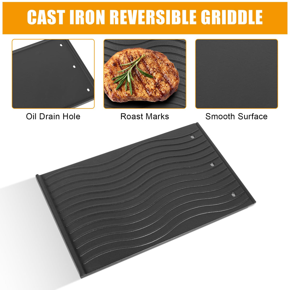 BBQ-PLUS reversible design with oil holes for cleaner cooking.