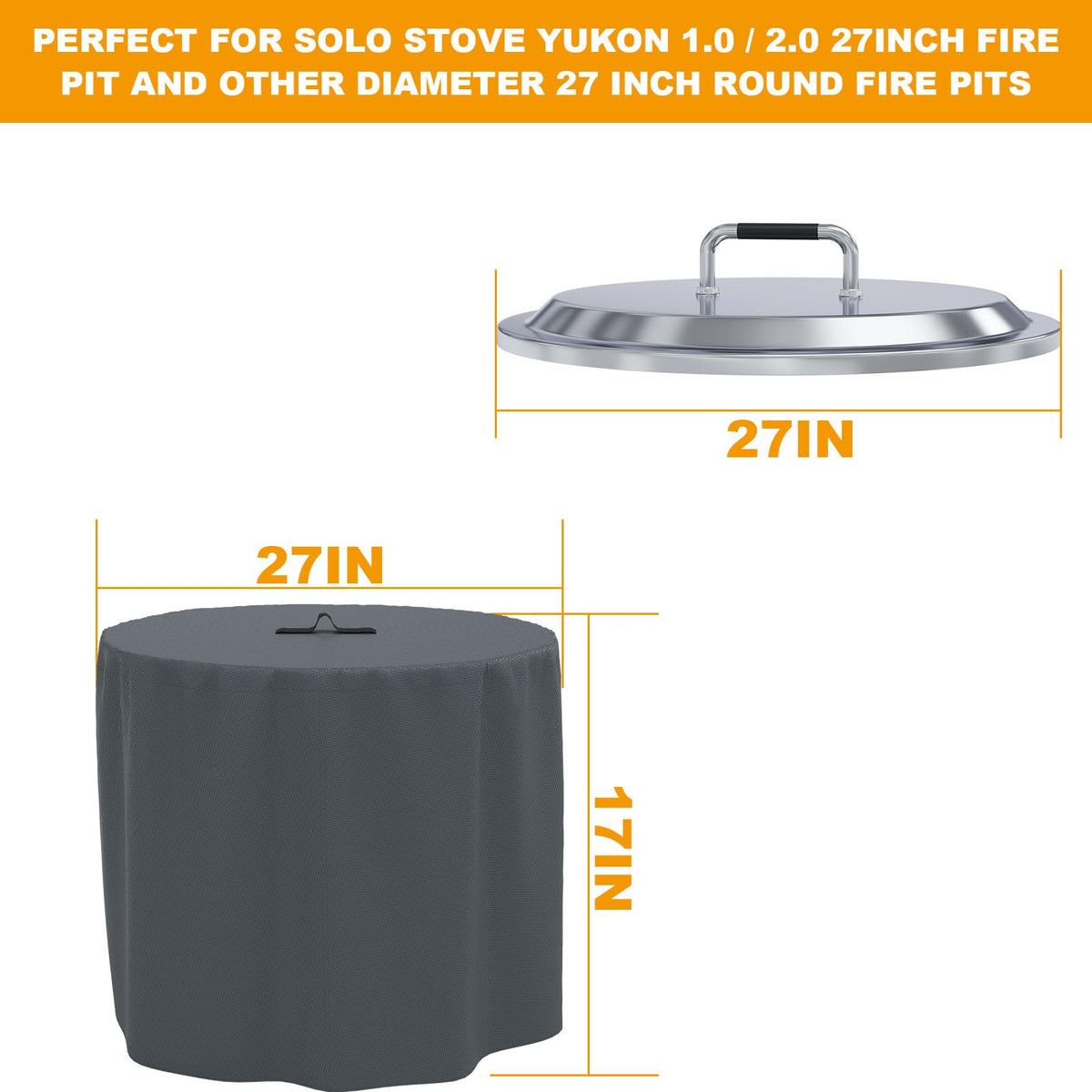 BBQ-PLUS stainless steel lid for 27-inch fire pits resists heat and weather.