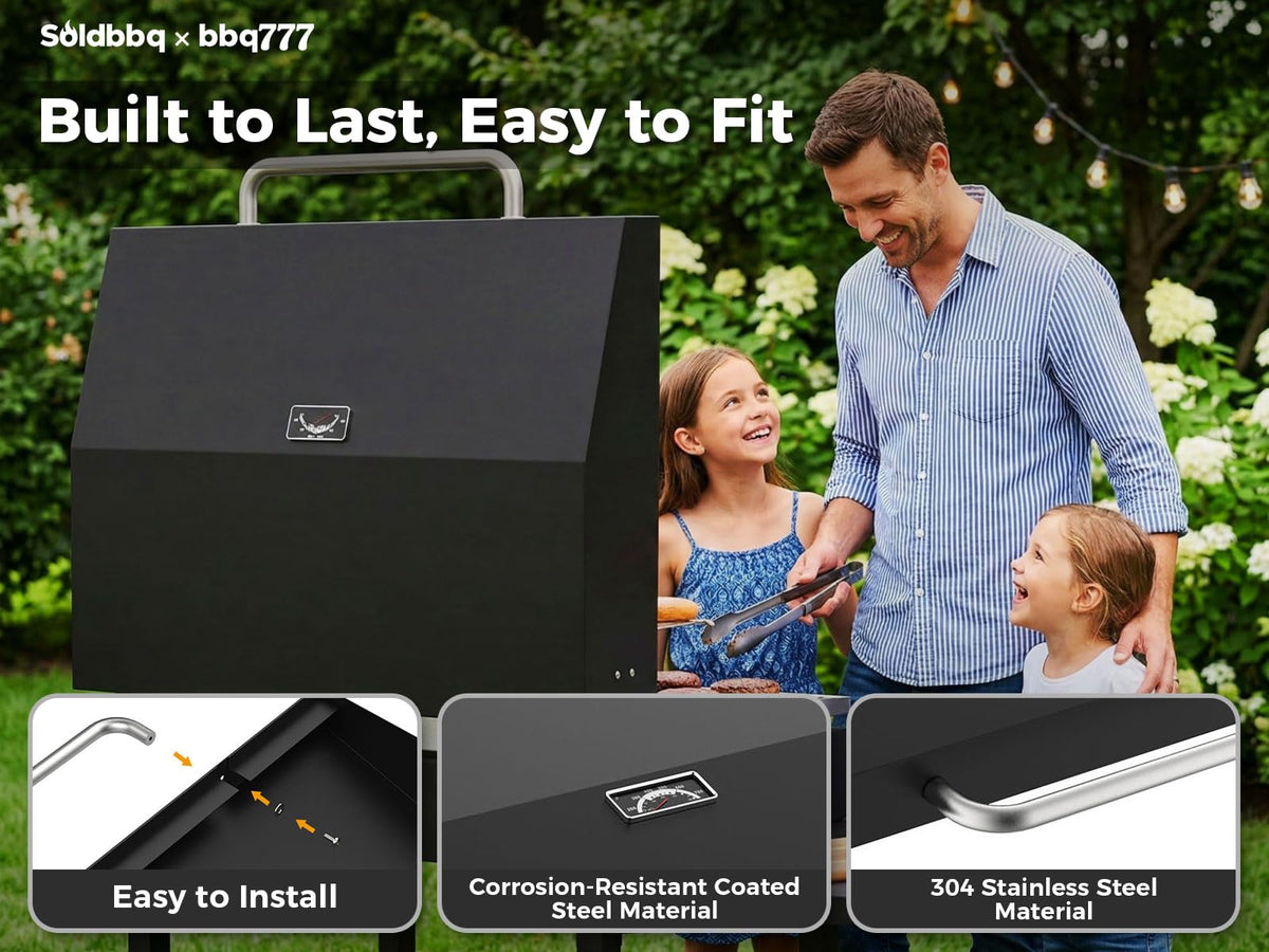 bbq777 front-opening hinge enables easy one-handed operation.