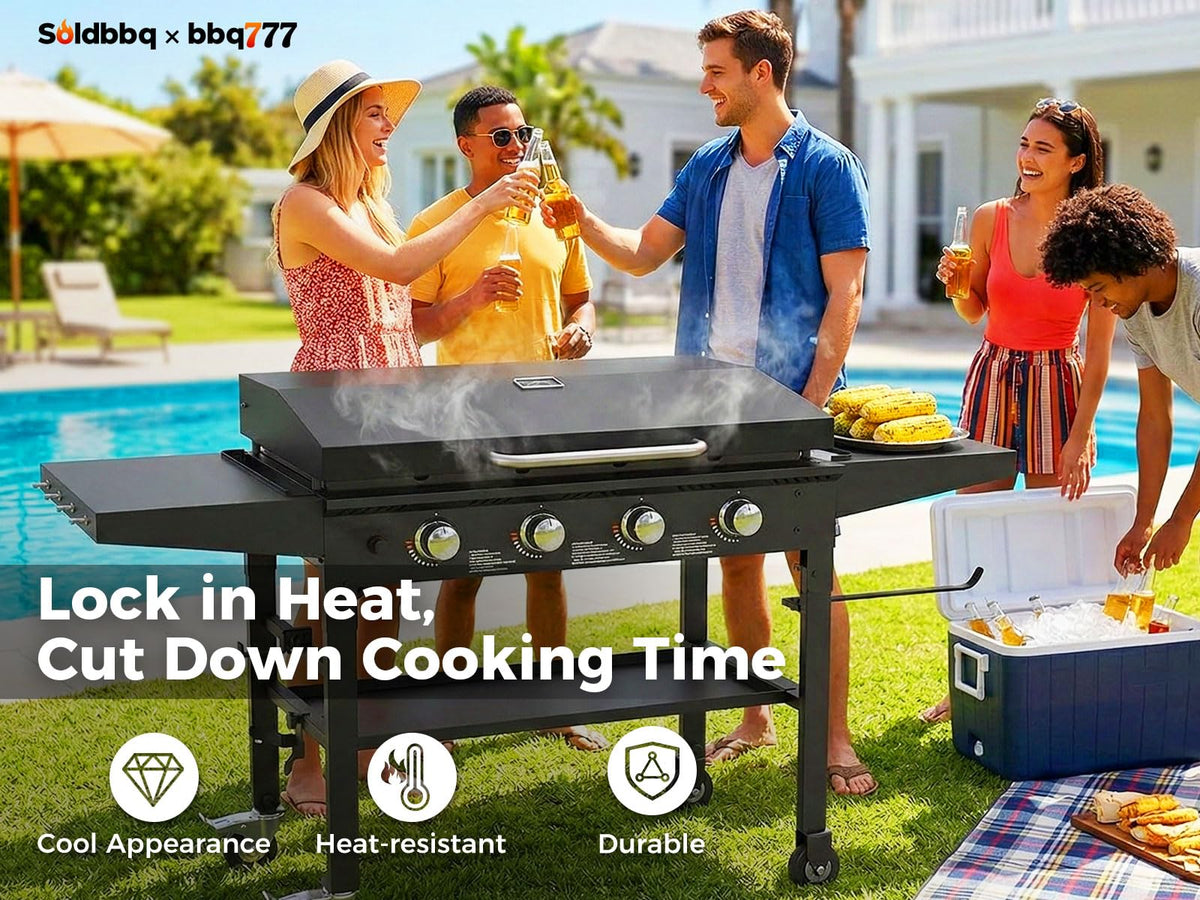bbq777 Heat-retention lid helps reduce cooking time by keeping heat concentrated.