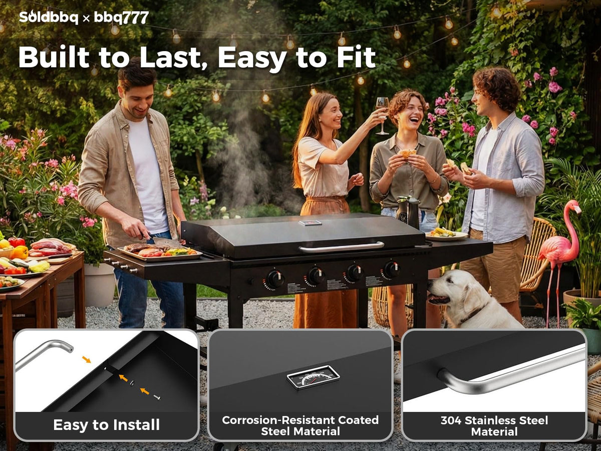 bbq777 Heavy-duty hinged lid mounting-parts simplify installation and frees hands during cooking.
