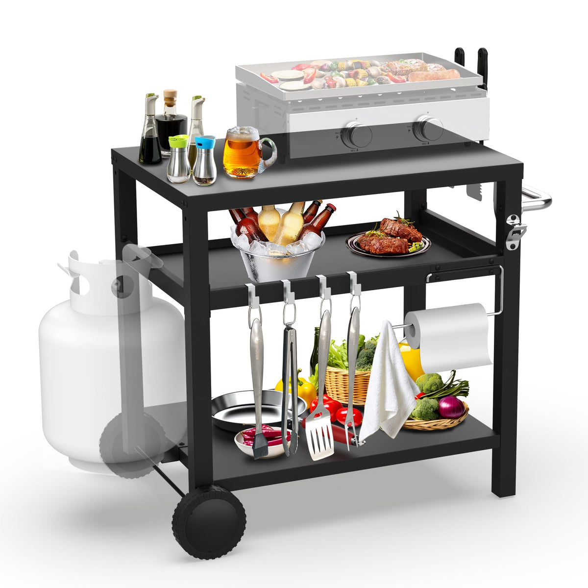 BBQCuker grill cart with three shelves for organized outdoor prep.