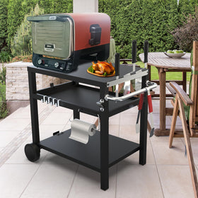 BBQCuker patio and camping use shows versatile, portable cooking station.