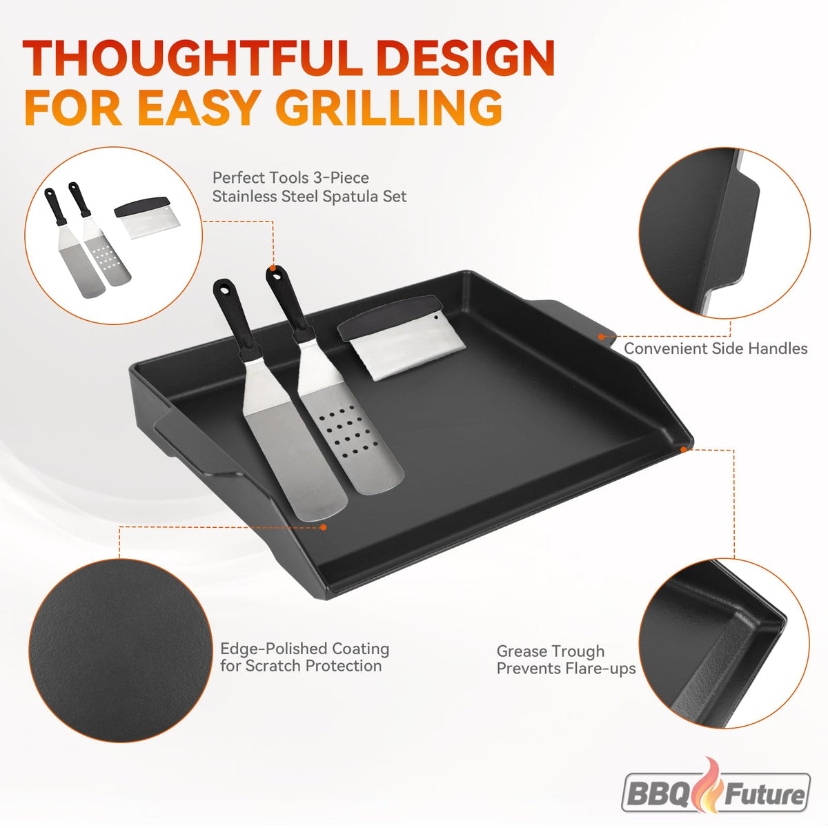 BBQ Future full-width grease tray keeps surface clean and flare-ups under control.