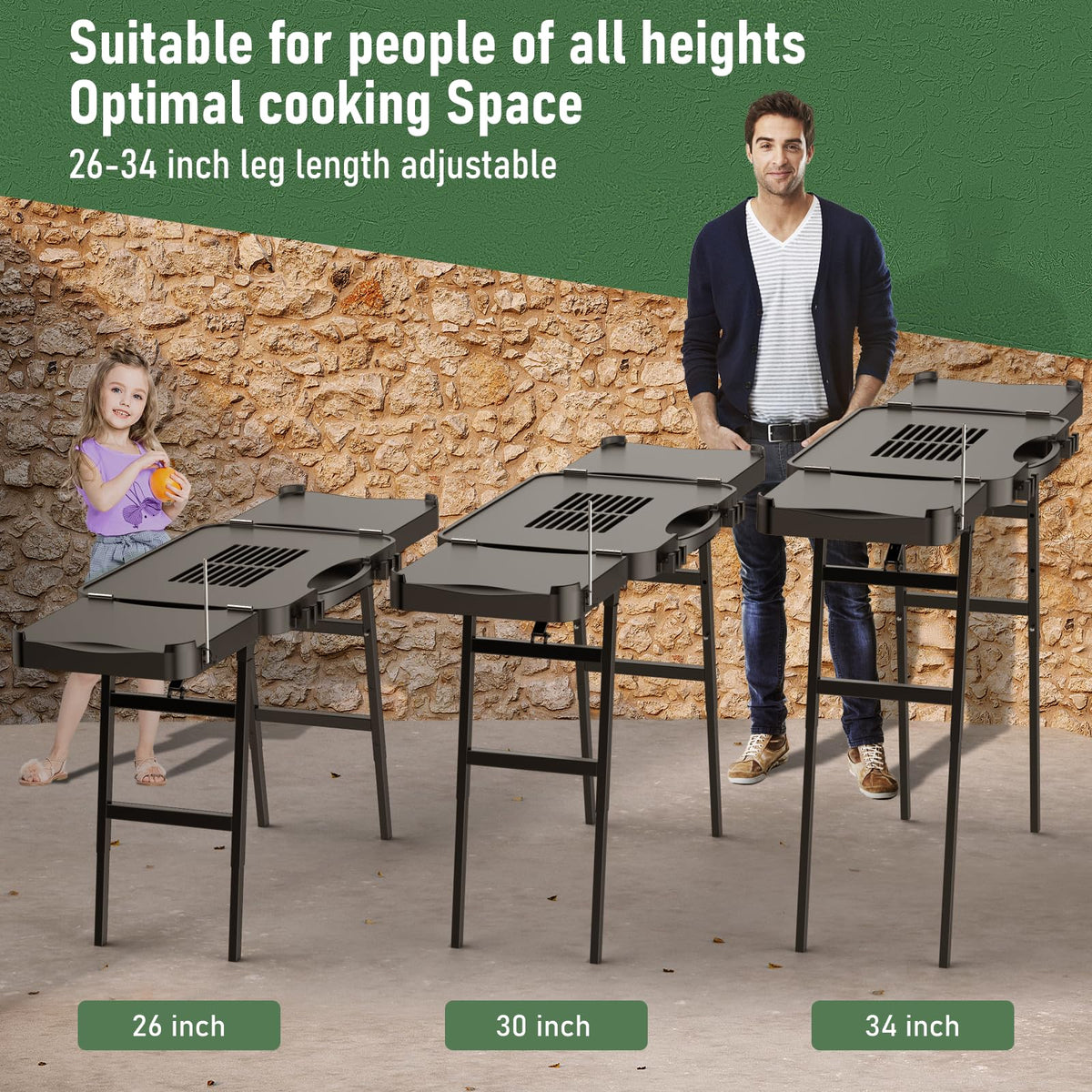 BBQMall adjustable stand at 26-34 inches for comfortable grilling