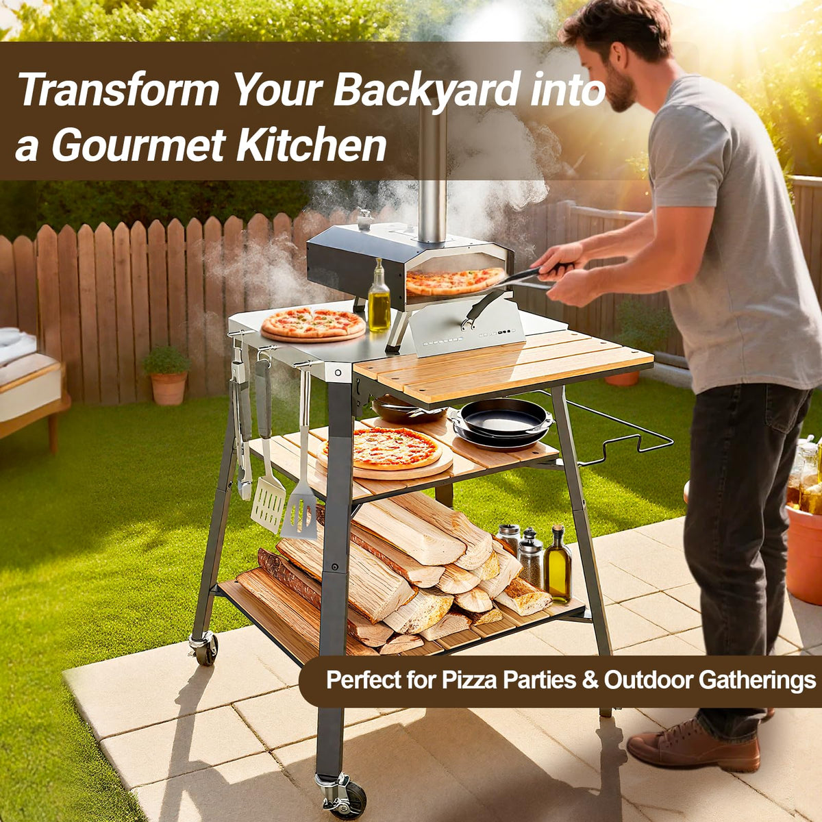 BBQMall outdoor cart offers ample storage for utensils and stone.