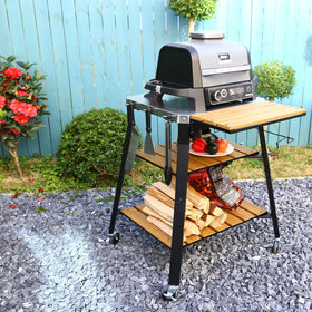 BBQMall pizza oven stand with 360 swivel wheels for easy repositioning in outdoor setup.