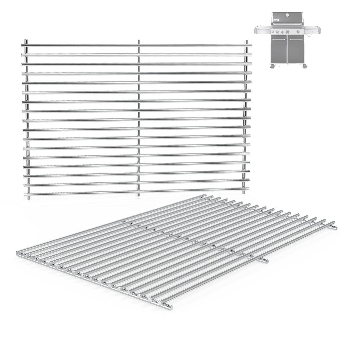 BBQration 2-pack 7mm stainless steel grill grates for Weber Genesis 300 series.