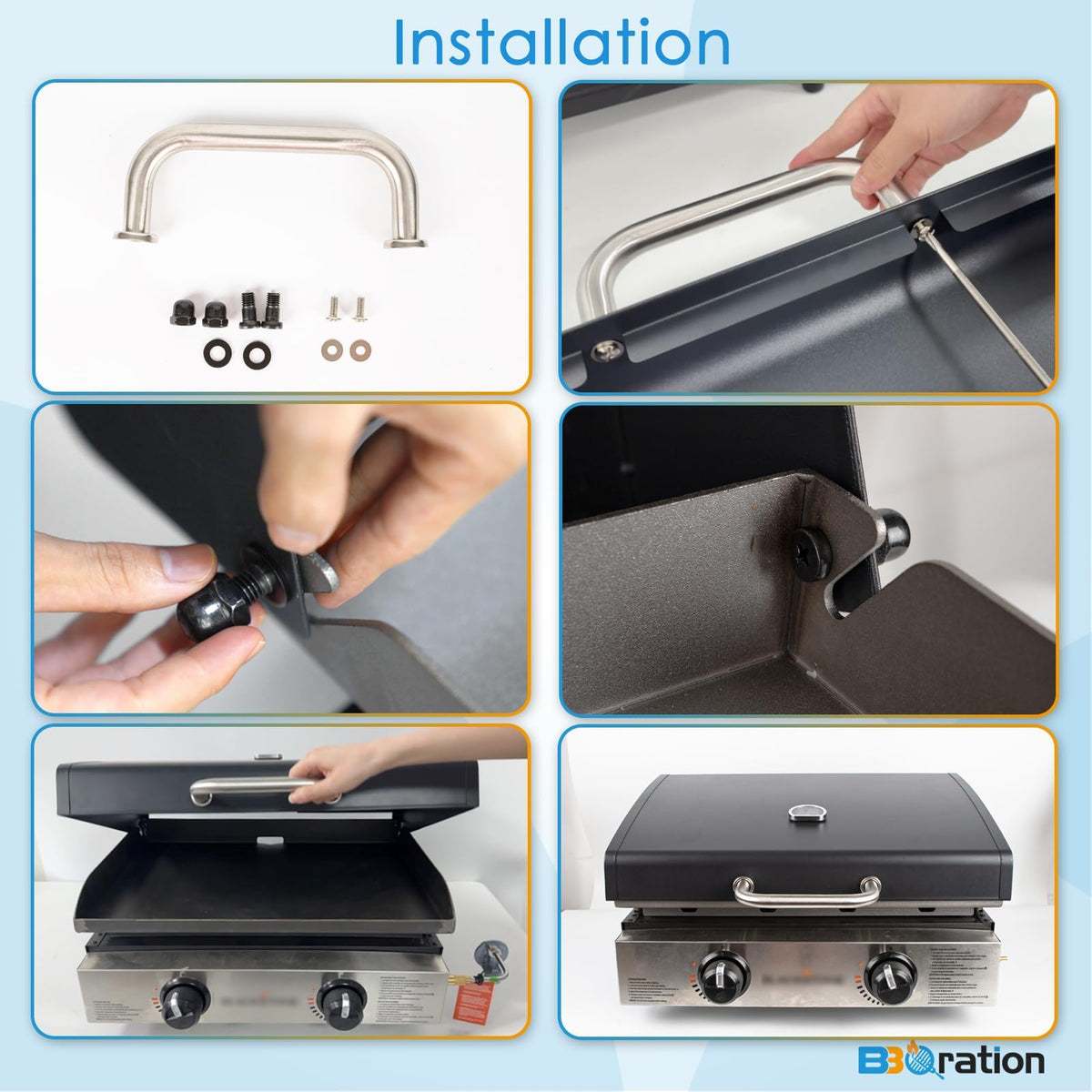 BBQration 22-inch griddle lid in open position showing hands-free operation.