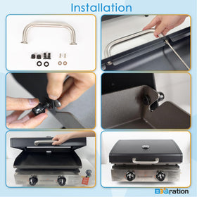 BBQration 22-inch griddle lid in open position showing hands-free operation.