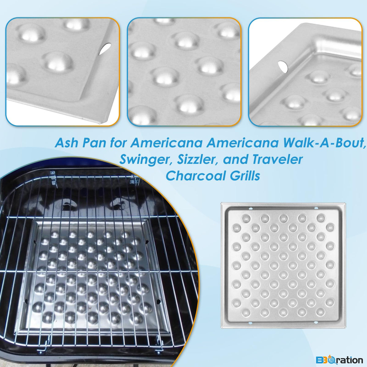 BBQration ash pan close-up highlights sturdy design for grill replacement.