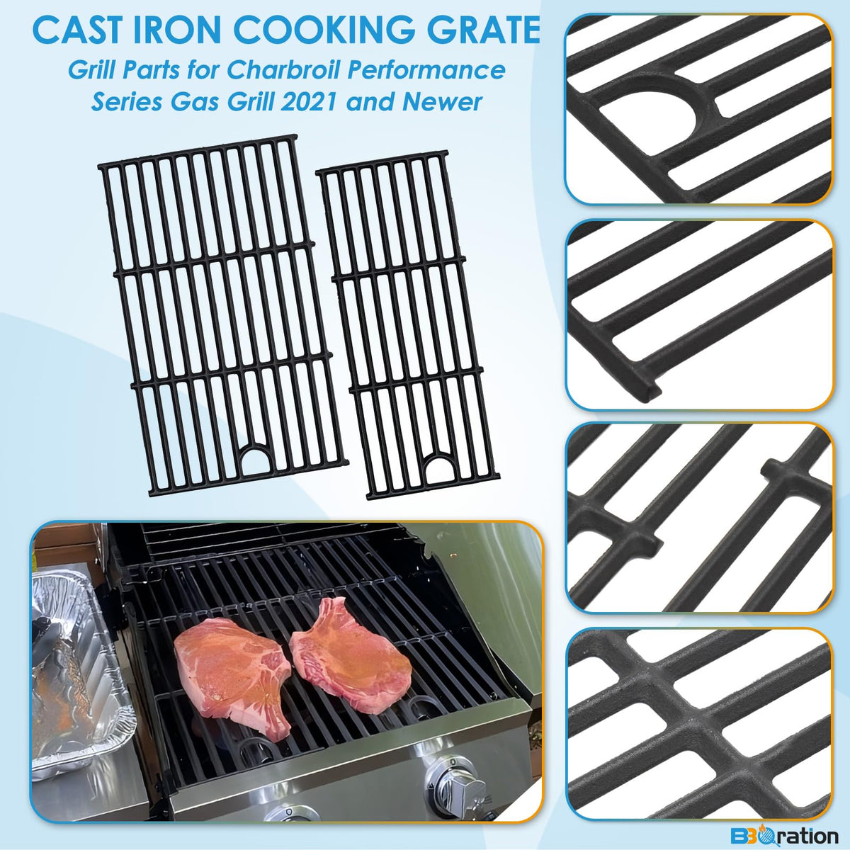 BBQration cast iron grate compatible with Charbroil G426-0004-W1 replacement part for durable grilling.