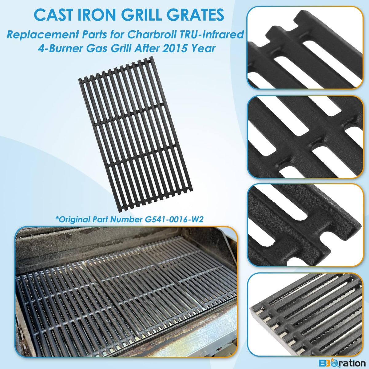 BBQration grates 17-inch x 28-1/2-inch cover full grill surface.