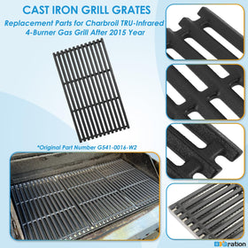 BBQration grates 17-inch x 28-1/2-inch cover full grill surface.