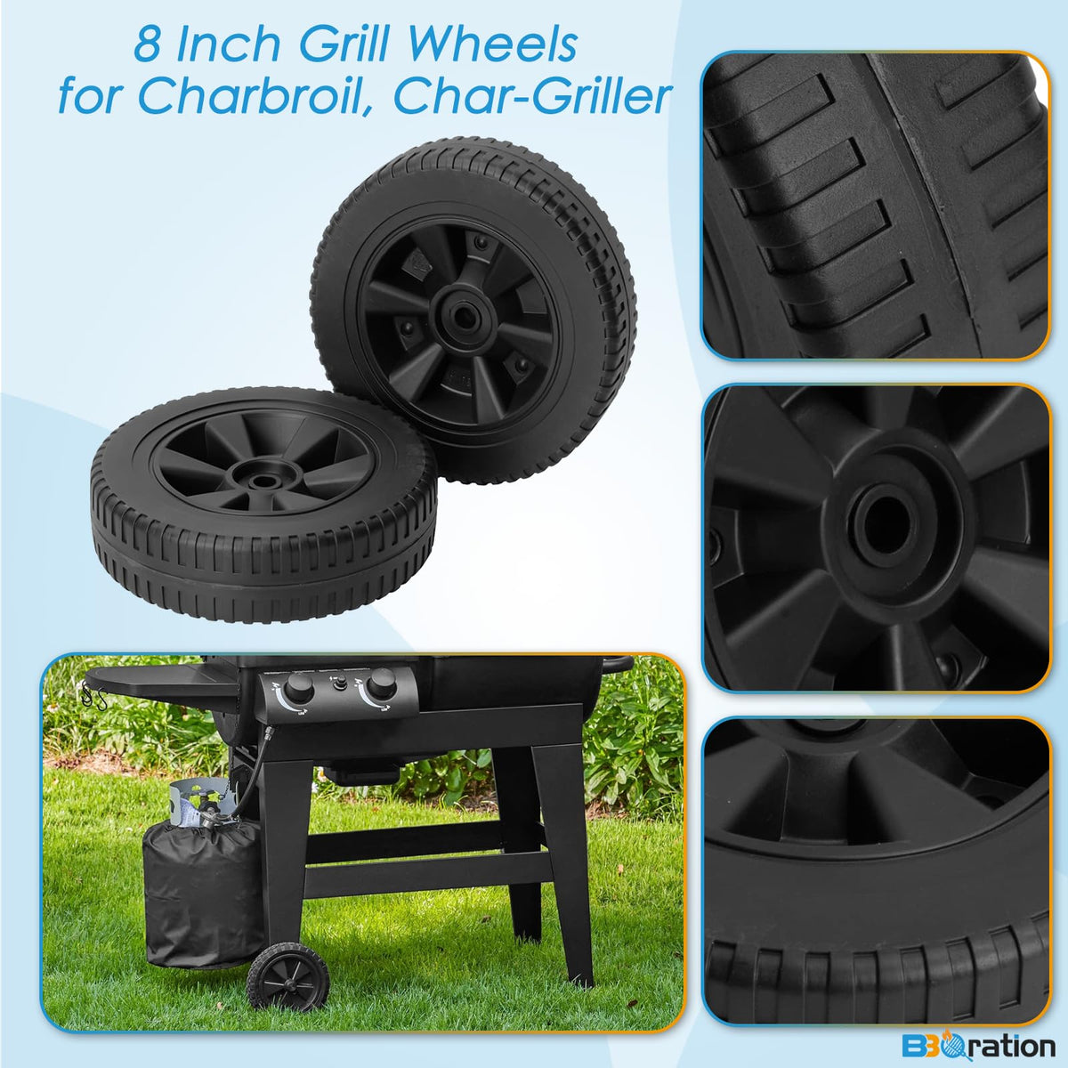 BBQration grill wheels compatibility with Char-Broil, smooth mobility for gas grills.