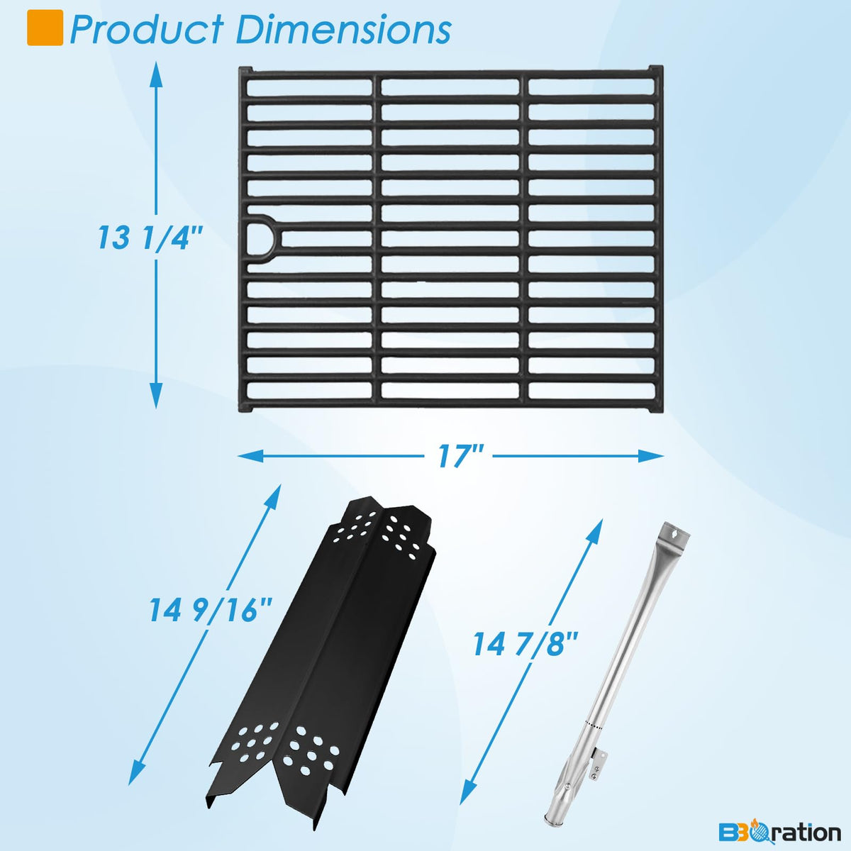 BBQration cooking grate dimensions 17 x 13 1/4 inches per piece.