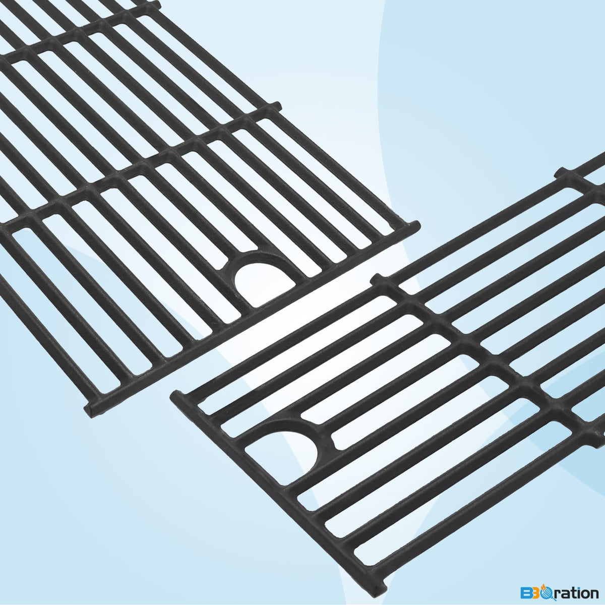 BBQration packaging shows a 2-pack of cast iron grill grates for Charbroil grills.