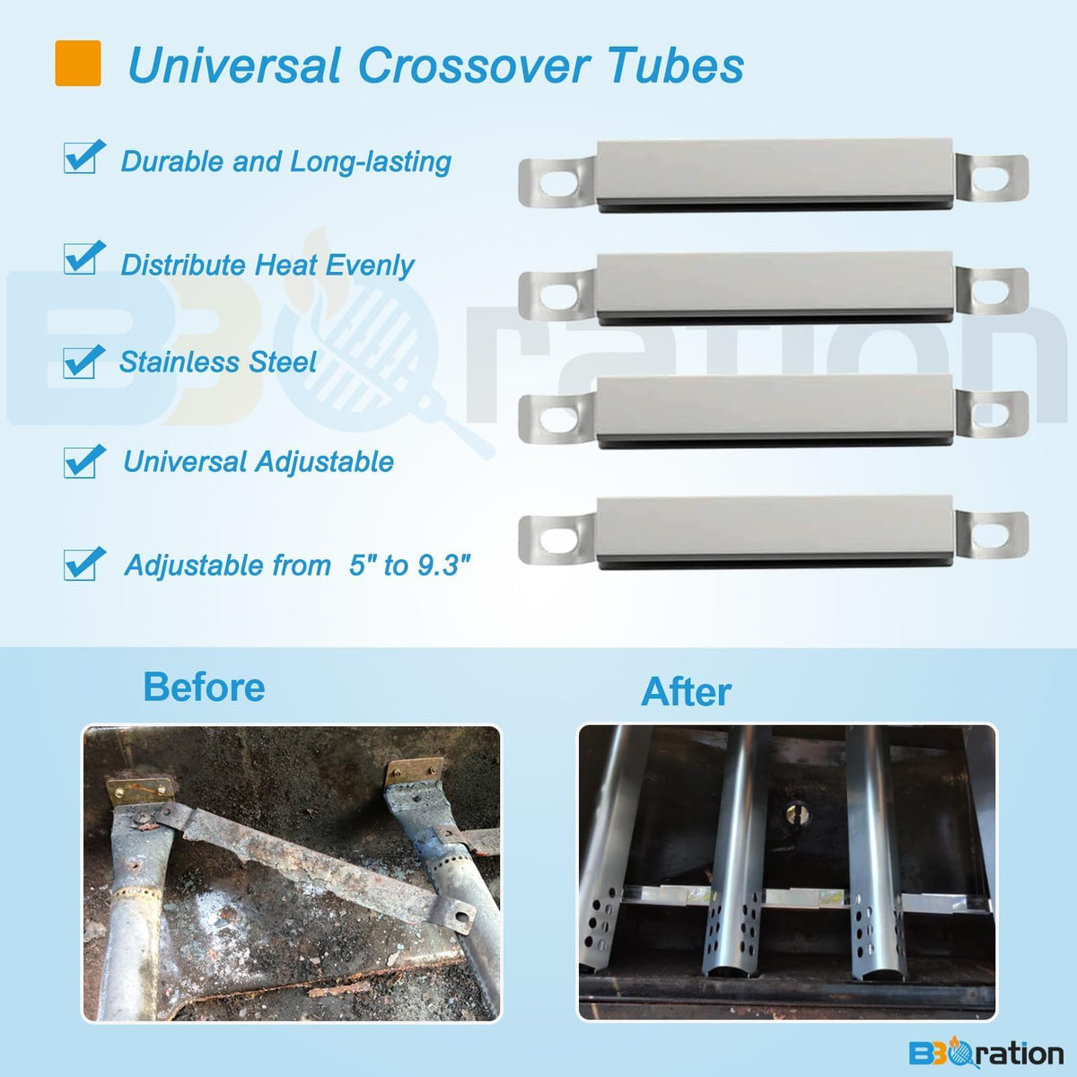 Close-up of stainless steel crossover tubes showing durable construction
