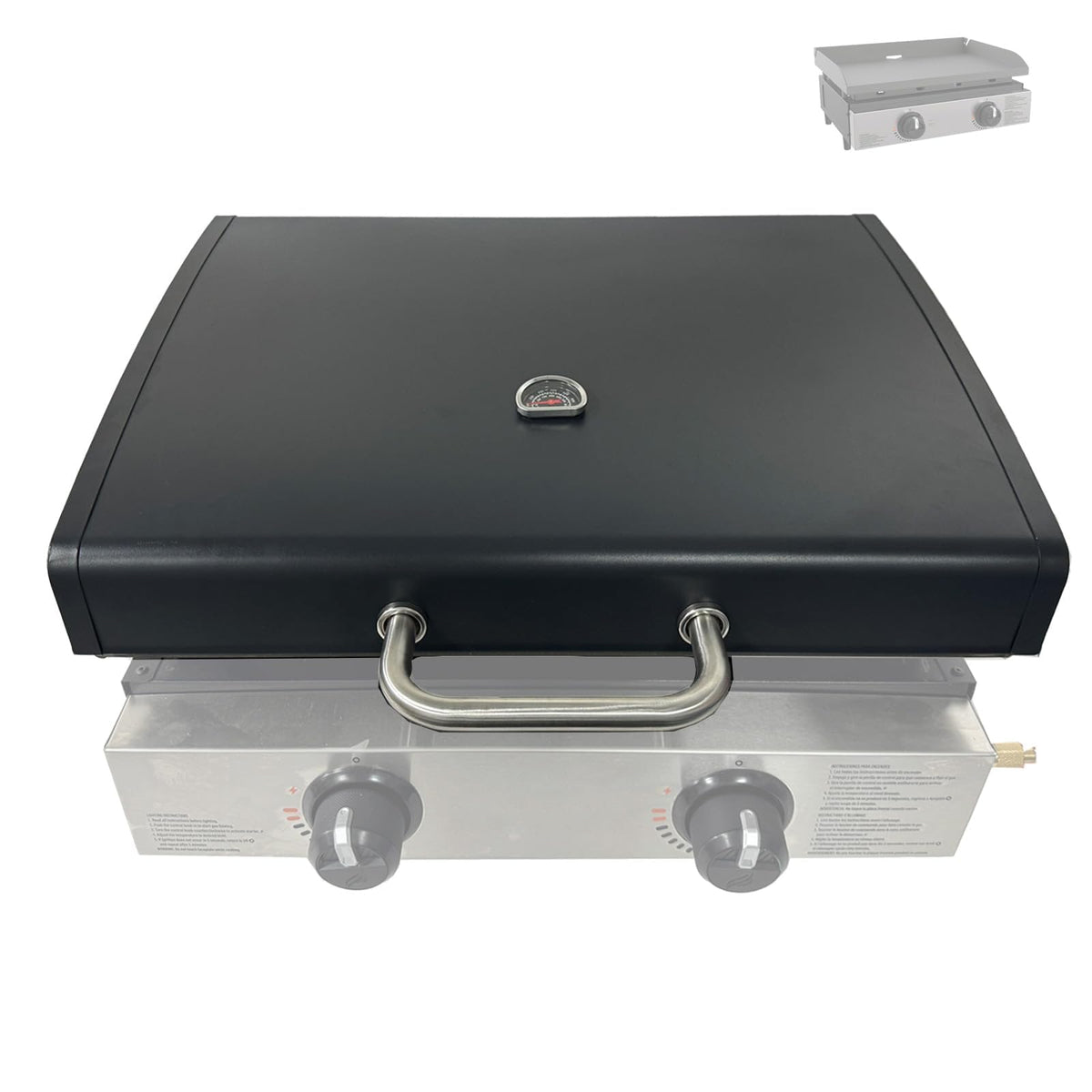 BBQration upgraded hinged lid on a 22-inch Blackstone 1666, front view highlighting fit and style.
