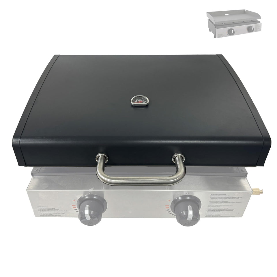 BBQration upgraded hinged lid on a 22-inch Blackstone 1666, front view highlighting fit and style.