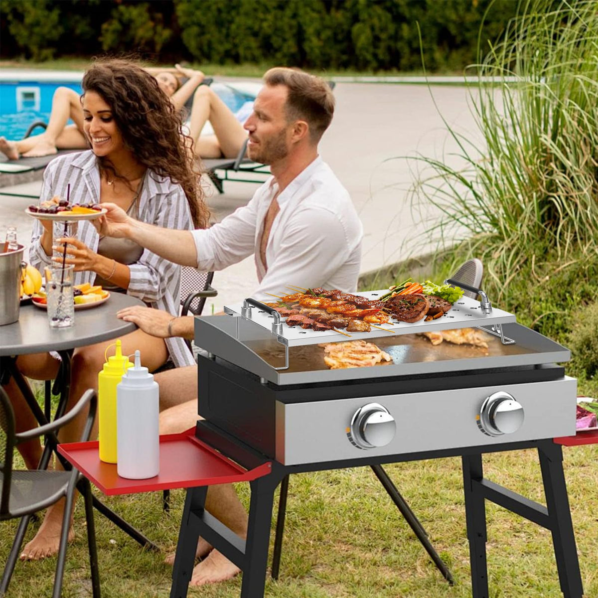 BBQtopia warming rack folded for compact outdoor storage