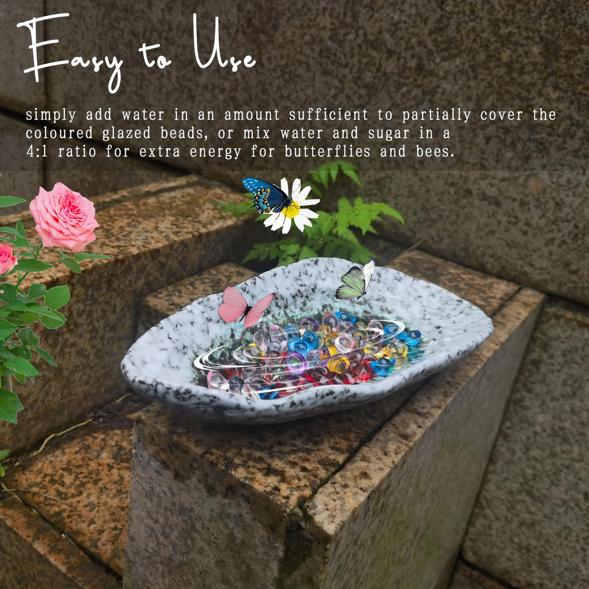BBRGIRL Butterfly Feeder in natural hues blend with garden decor