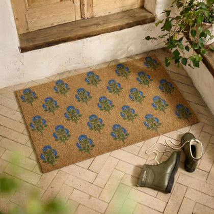 BBSET artificial coir floral welcome mat with blue flowers for outdoor entrances.