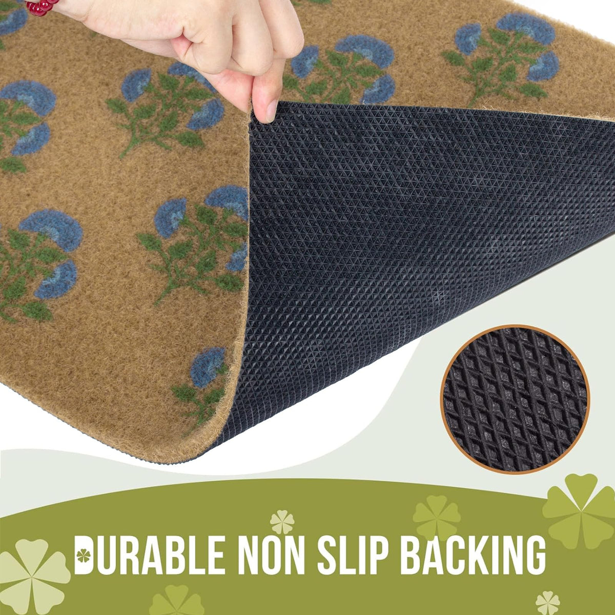 BBSET outdoor-indoor doormat 30x17 in blue flower design for versatile use.