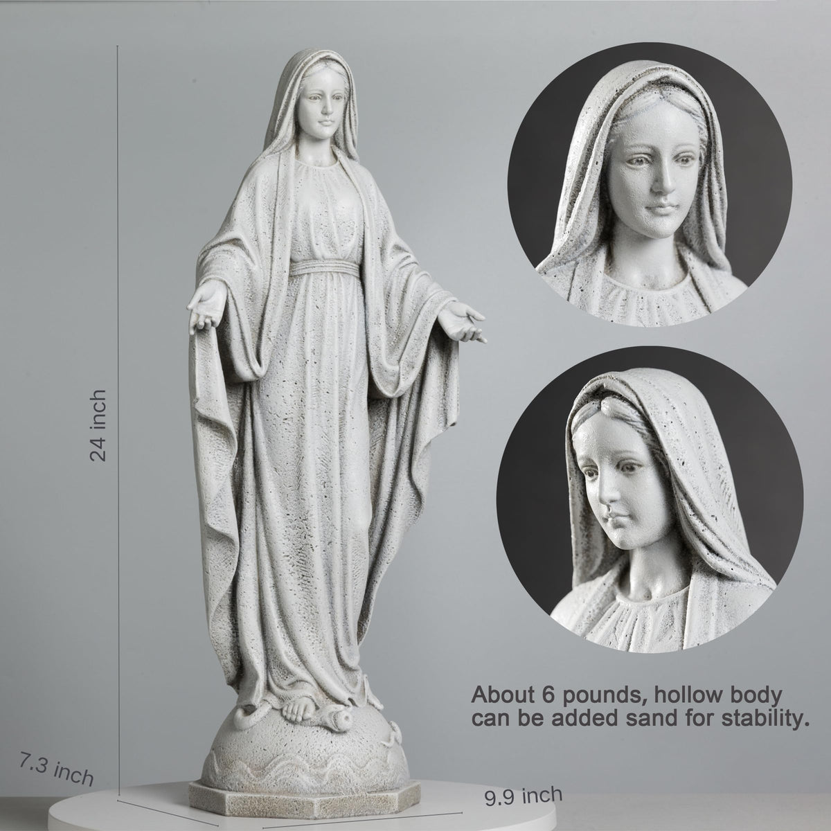 Base detail of the 24in Our Lady of Grace statue highlighting durable stone resin