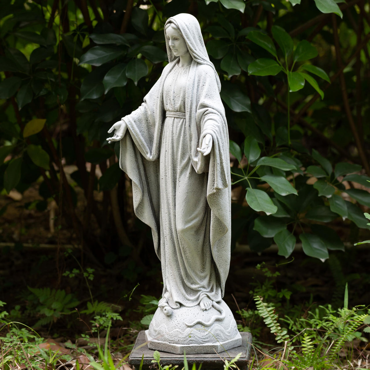 Virgin Mary hands in prayer detail, 24in BC Buildclassic statue for meditation spaces