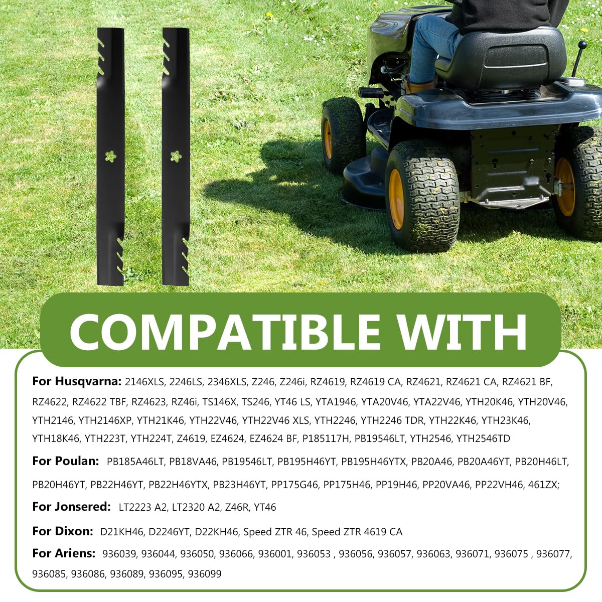 BCQNXX easy installation mulching blades improve clipping dispersal.