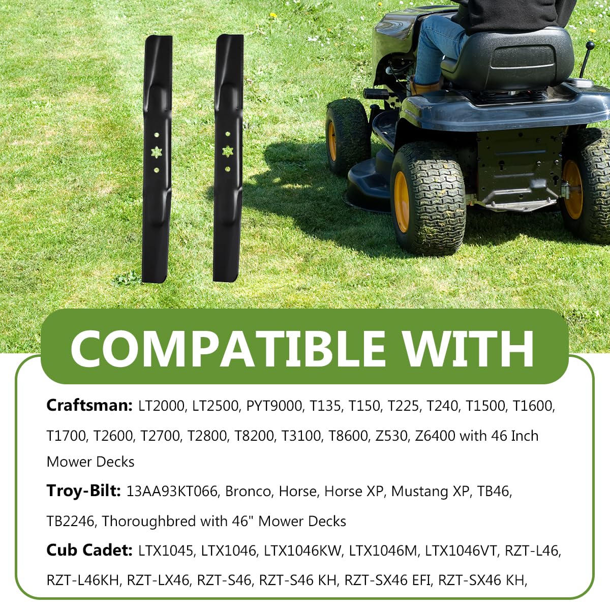 BCQNXX blade installed on a 46-inch mower deck delivering even clipping.