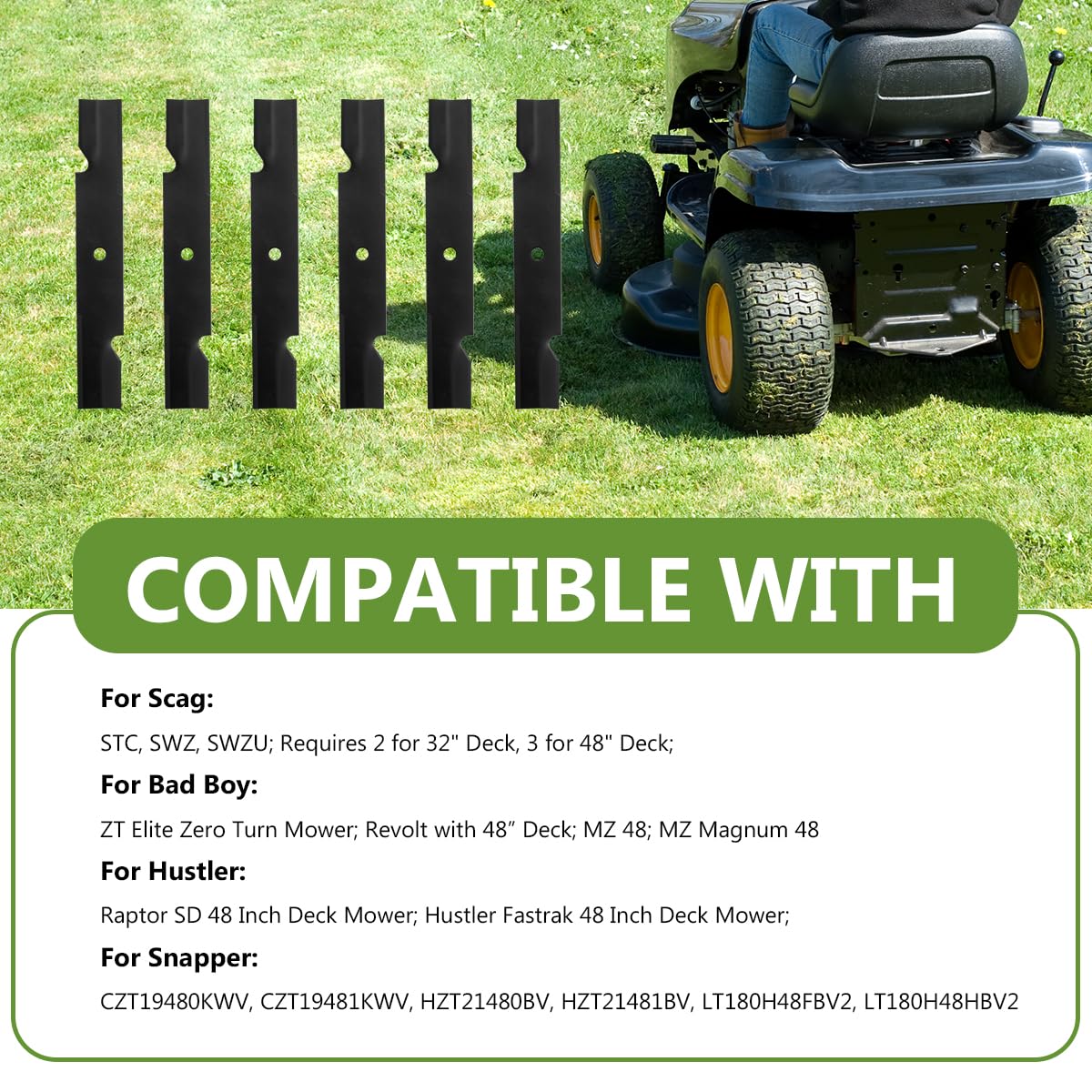 BCQNXX high lift blades six blades included, 16-1/2-inch length.