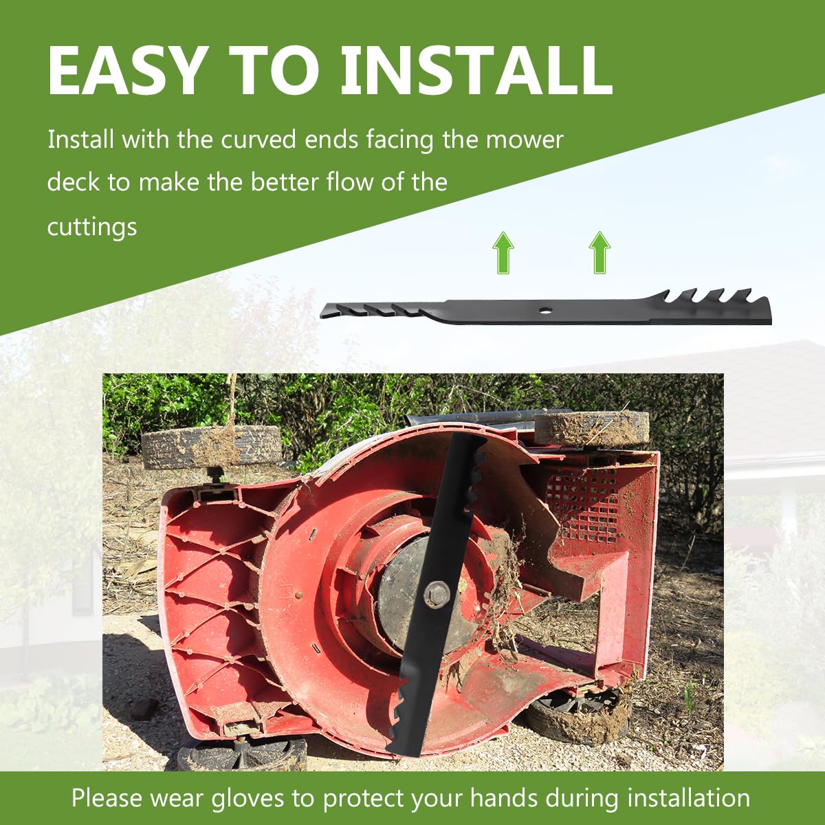 BCQNXX mulching blades installation on deck demonstrates 61-inch compatibility