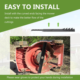 BCQNXX mulching blades installation on deck demonstrates 61-inch compatibility