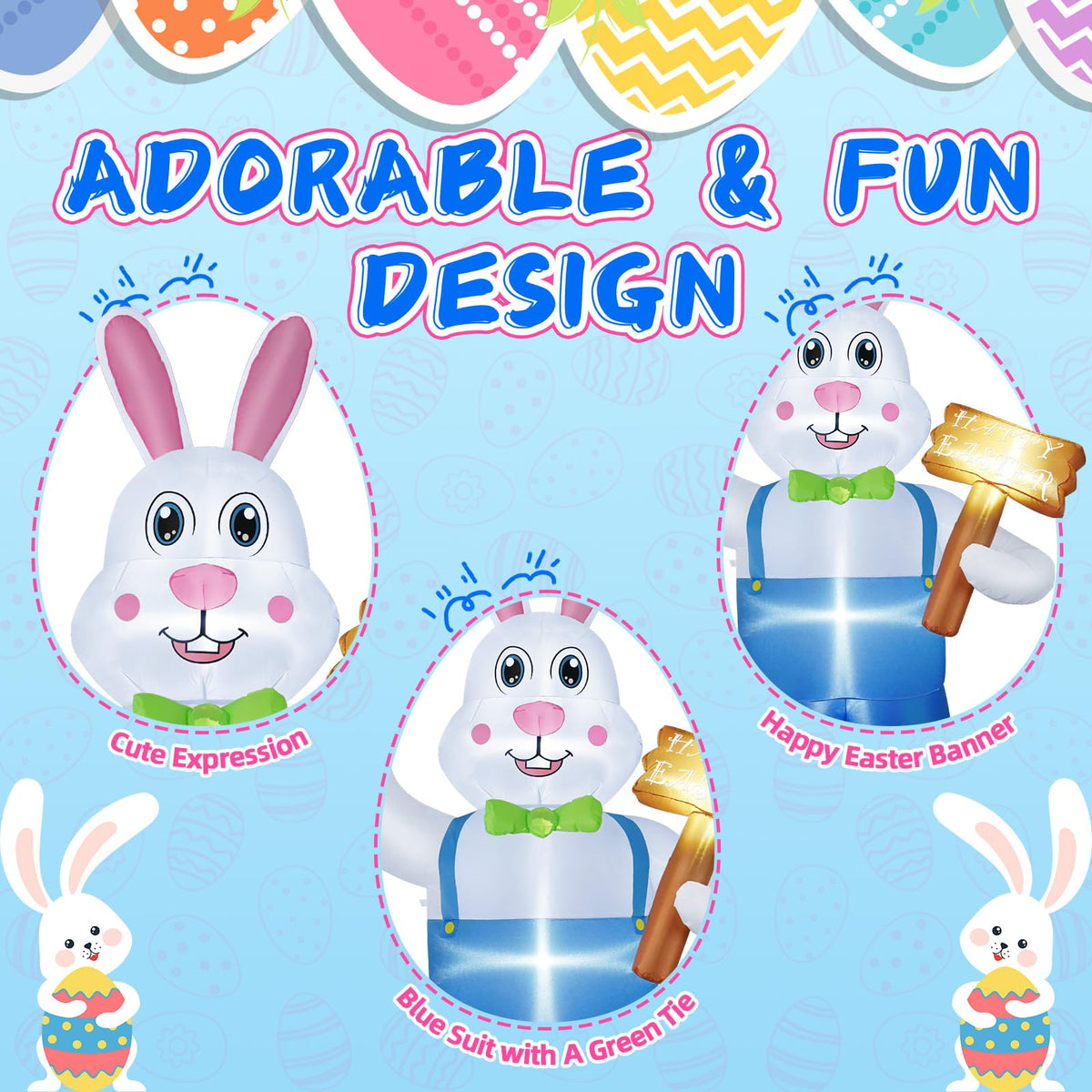 B&D inflatable bunny close-up shows durable 190T fabric and fade-proof colors.