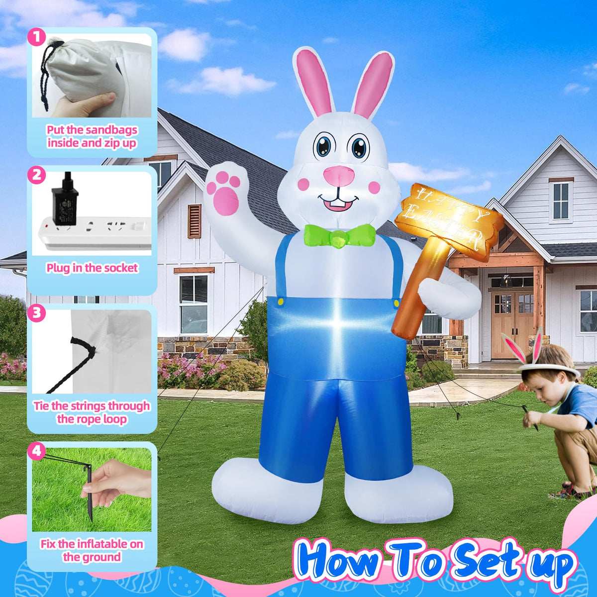 B&D inflatable setup image shows easy inflation with quiet, waterproof blower.