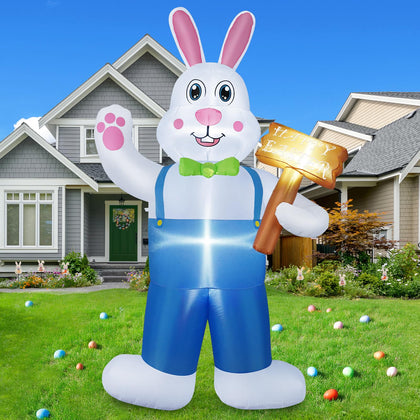 B&D Easter inflatable bunny holding a sign lights up your yard at dusk.