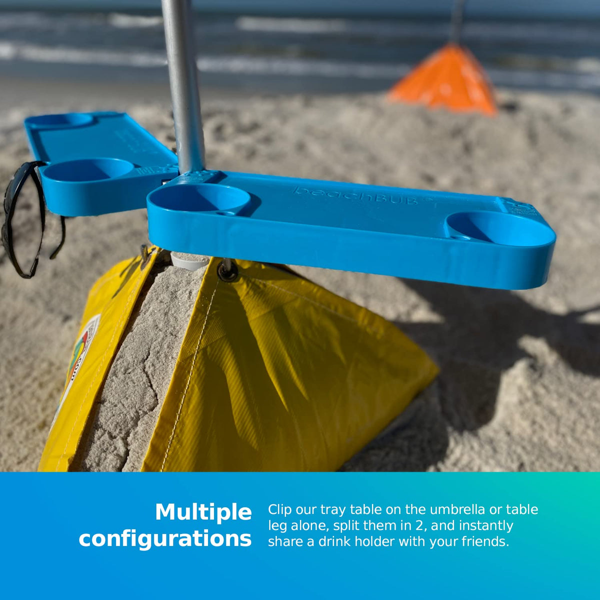 BEACHBUB portable beach table offers organized snacks and gear.