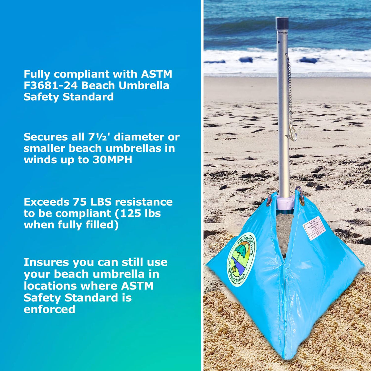 BeachBUB Ultra Base fits umbrellas up to 1.5 inch poles.