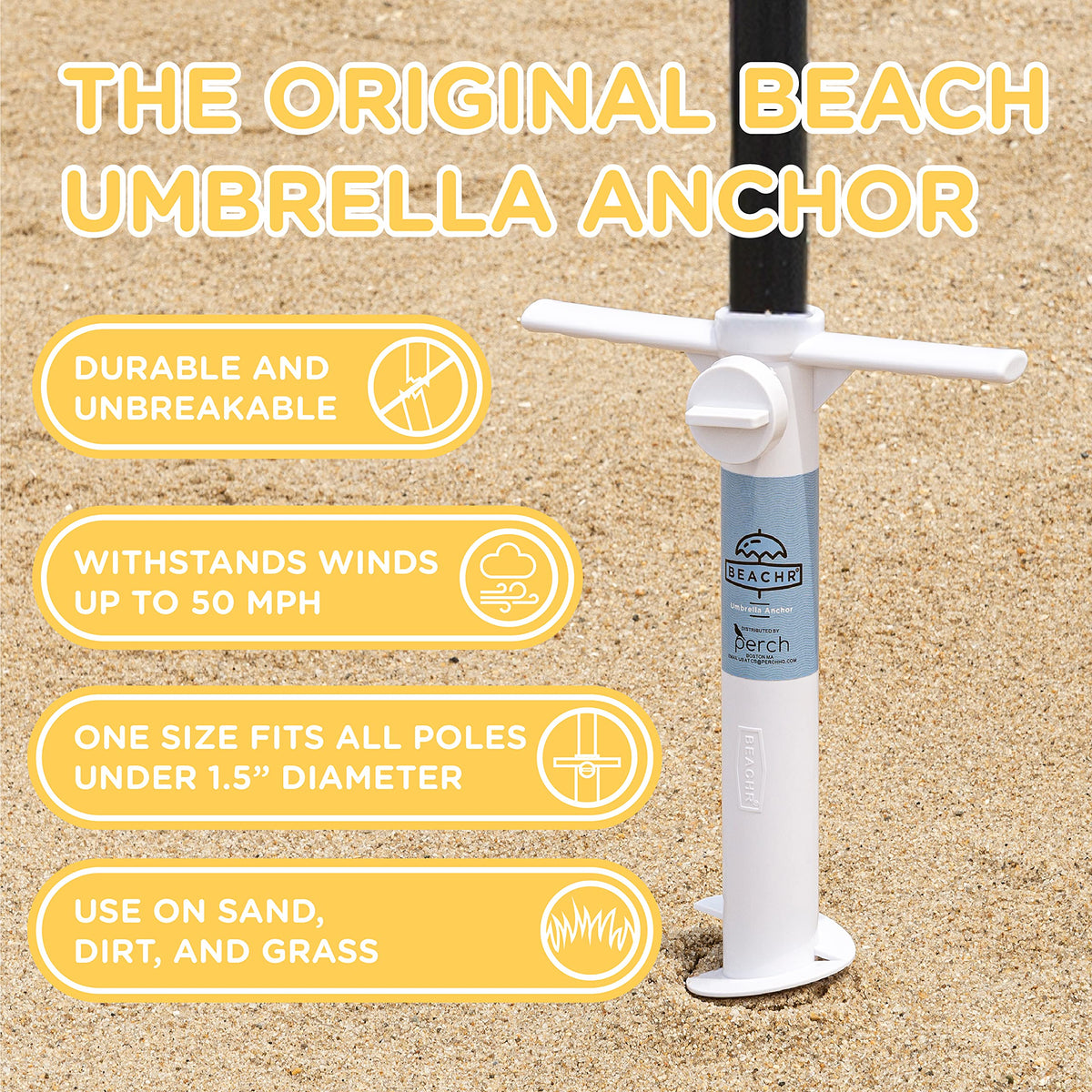 Beachr anchor with umbrella seated in base for secure beach shade