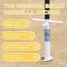 Beachr anchor with umbrella seated in base for secure beach shade