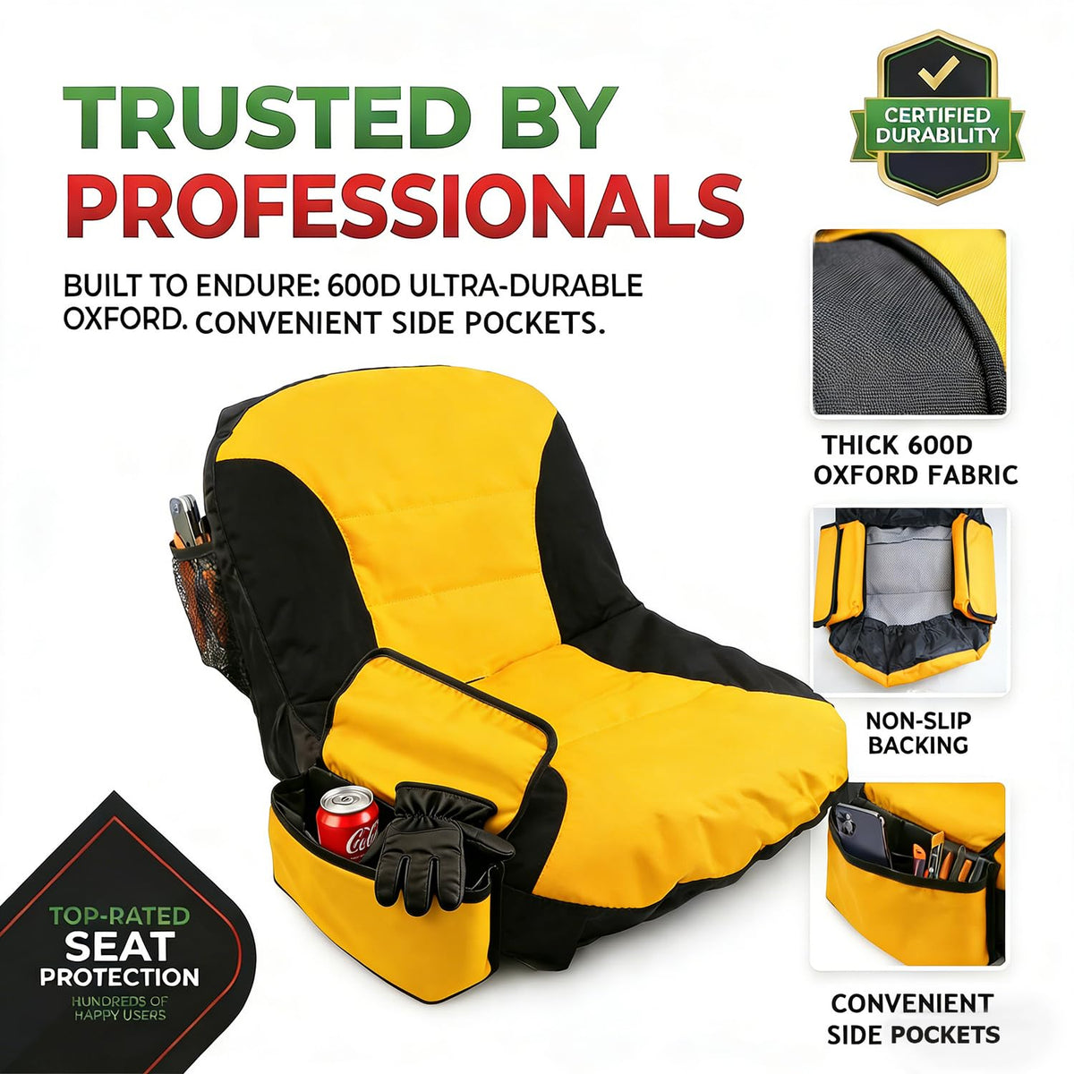 BeadChica seat cover with dual side pouches and back pockets for tools and drinks