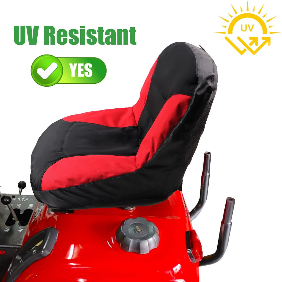 BeadChica premium 600D Oxford fabric seat cover on a mower.