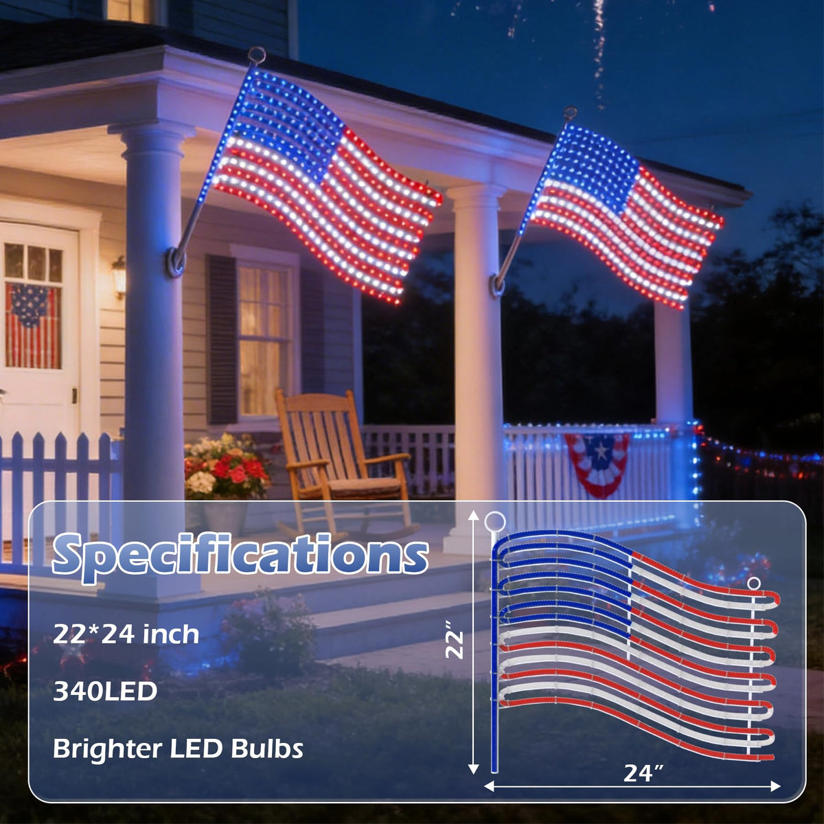 Beatineon flag light close-up showing vibrant red, white, blue LEDs.