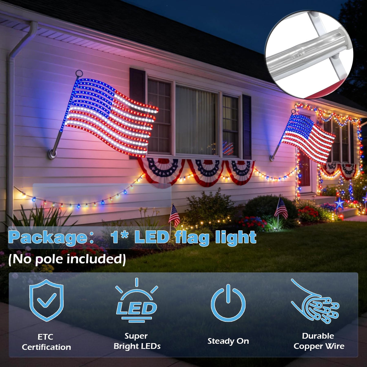 Beatineon IP65 outdoor flag lights withstand rain and snow.