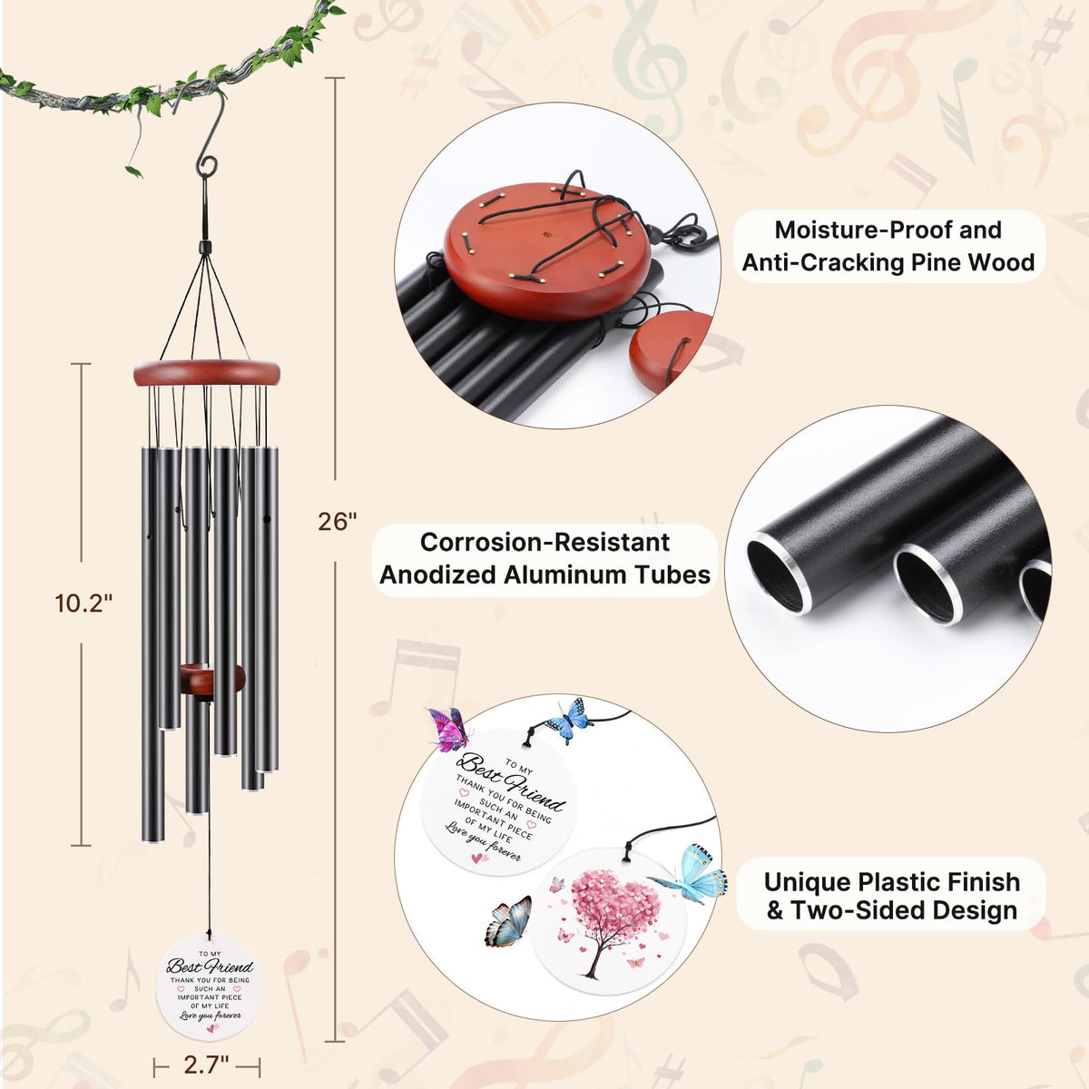 BeauGift best friend wind chime two-sided design with heart-tree symbol for lasting friendship