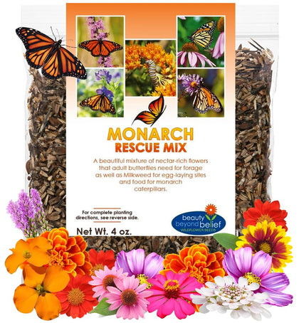 Beauty Beyond Belief Monarch Butterfly Rescue seeds front label highlighting open-pollinated traits.