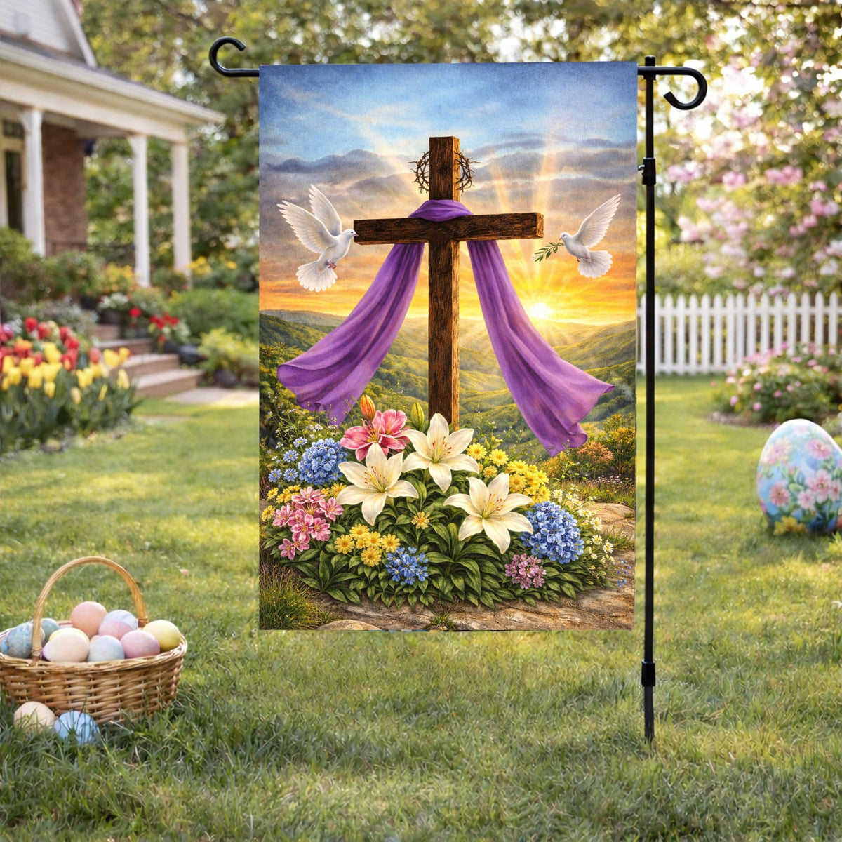 Beaver Rain Cat Easter cross flag back view, double-sided visibility for versatile outdoor display.