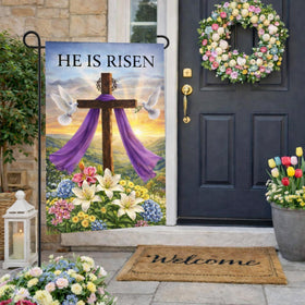 Beaver Rain Cat flag with doves, serene Easter symbolism outdoors.